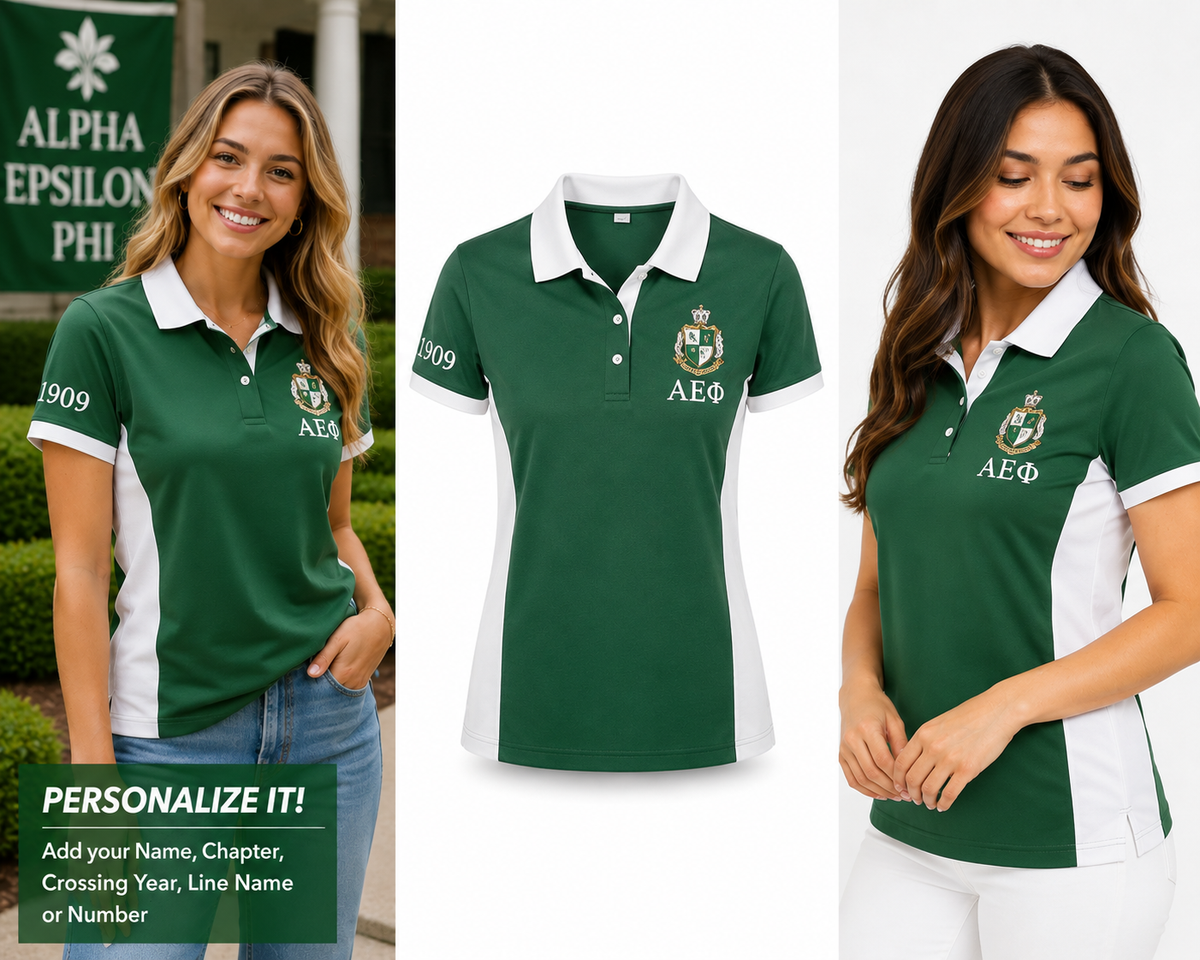 2 Tone Green & White Alpha Epsilon Phi Embroidered Polo Shirt – Personalized Sorority Polo - product image 1