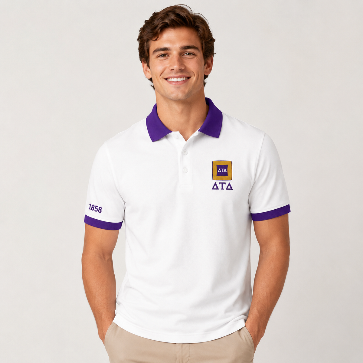 2 Tone White & Royal Purple Delta Tau Delta Embroidered Polo Shirt – Personalized Fraternity Polo - product image 1