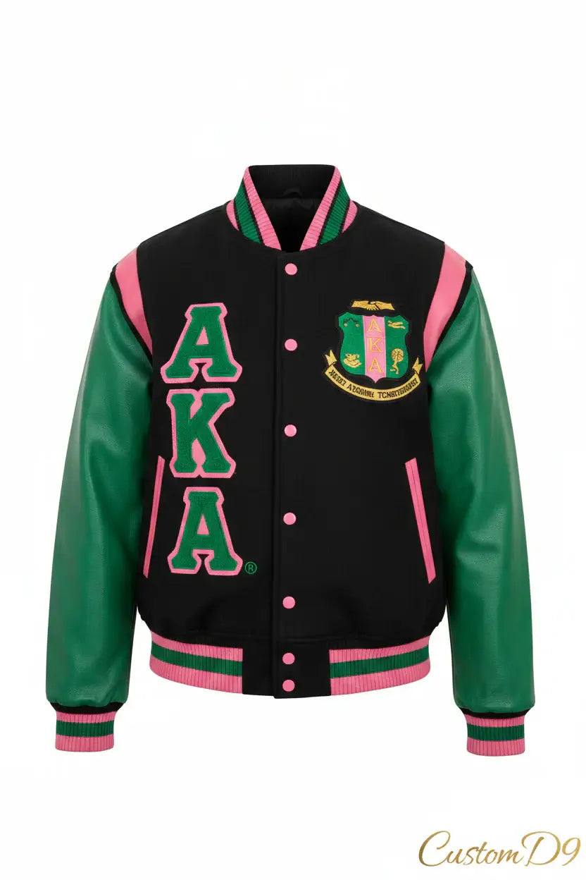 Custom Alpha Kappa Alpha Varsity Jacket front view with personalized pink and green design