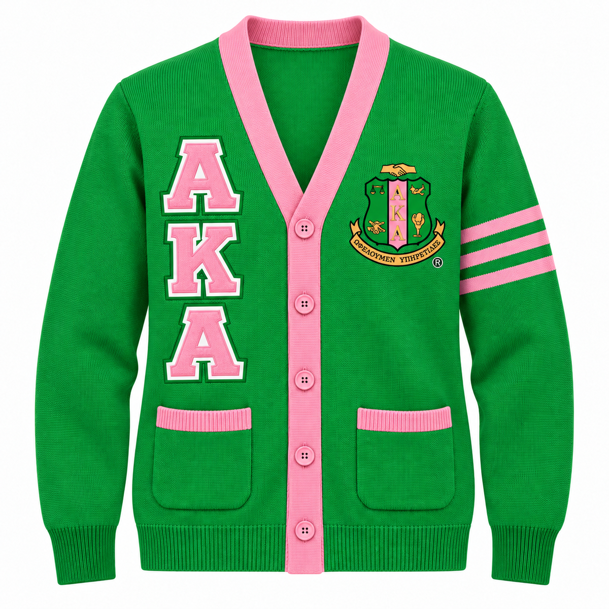Alpha Kappa Alpha green cardigan with pink trim, stacked AKA letters and crest