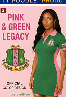 Promotional graphic for Alpha Kappa Alpha green and pink panel polo dress