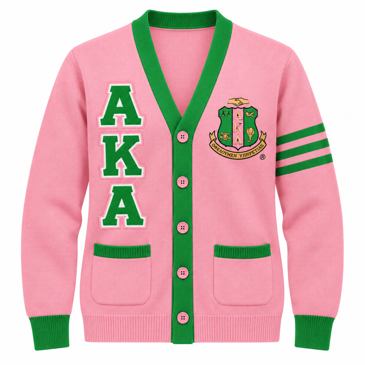 Alpha Kappa Alpha pink cardigan with green trim, stacked AKA letters and crest