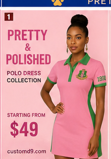 Promotional graphic for Alpha Kappa Alpha pink and green panel polo dress starting at $49