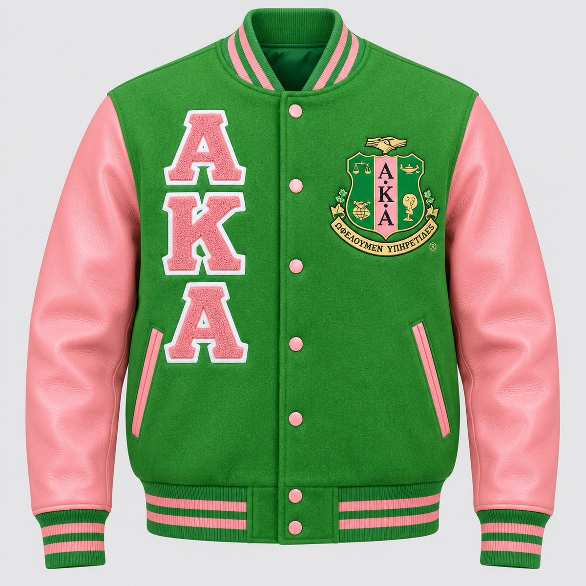 Alpha Kappa Alpha reverse color classic varsity jacket with apple green wool body, salmon pink leather sleeves, crest and stacked AKA letters