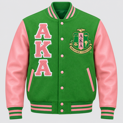Alpha Kappa Alpha reverse color classic varsity jacket with apple green wool body, salmon pink leather sleeves, crest and stacked AKA letters