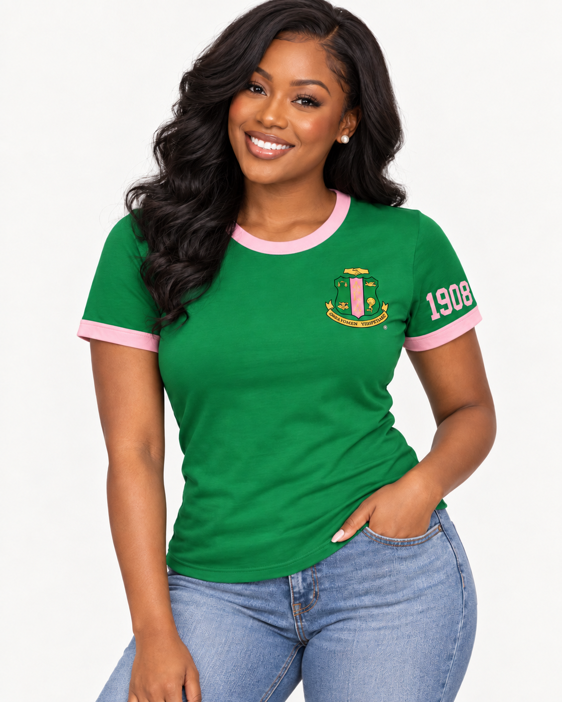 Model wearing a green Alpha Kappa Alpha ringer T-shirt with pink trim, chest crest and 1908 sleeve design