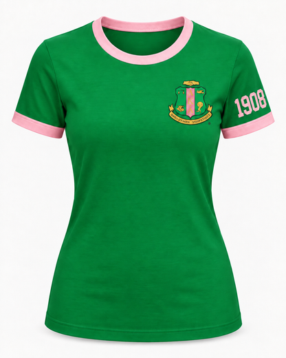 Green Alpha Kappa Alpha women’s ringer T-shirt with pink trim, chest crest and 1908 sleeve design