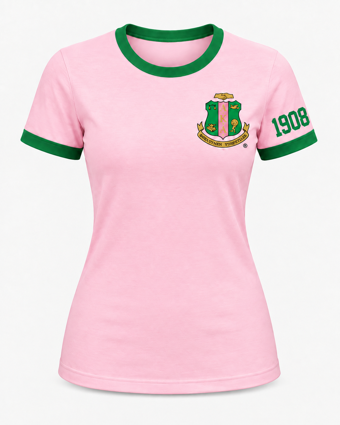 Pink Alpha Kappa Alpha women’s ringer T-shirt with green trim, chest crest and 1908 sleeve design