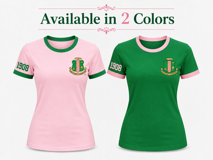 Alpha Kappa Alpha women’s ringer T-shirts shown in pink with green trim and green with pink trim