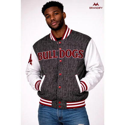 Custom Custom Alabama A&M Black Denim Bomber Jacket | Custom D9 personalized Greek apparel design