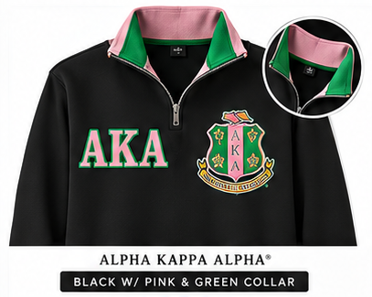 Alpha Kappa Alpha black quarter-zip sweatshirt with pink and green contrast collar, AKA letters and crest