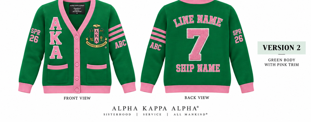 Alpha Kappa Alpha green and pink cardigan shown front and back with sample line personalization