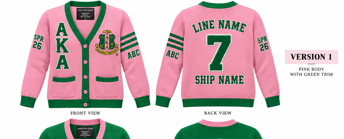 Alpha Kappa Alpha pink and green cardigan shown front and back with sample line personalization