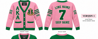 Alpha Kappa Alpha pink and green cardigan shown front and back with sample line personalization