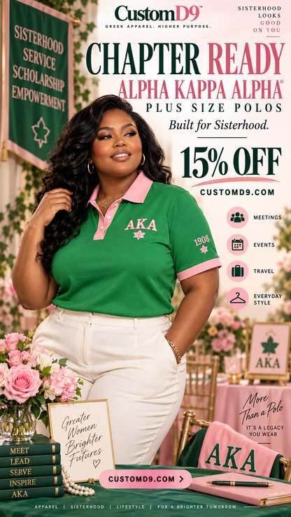 Alpha Kappa Alpha apple green and salmon pink chapter-ready plus-size polo promotion with a 15% off offer