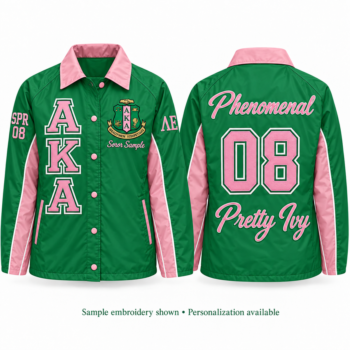 Front and back views of a green and pink Alpha Kappa Alpha line jacket with sample personalization