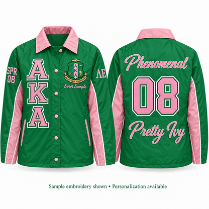 Front and back views of a green and pink Alpha Kappa Alpha line jacket with sample personalization