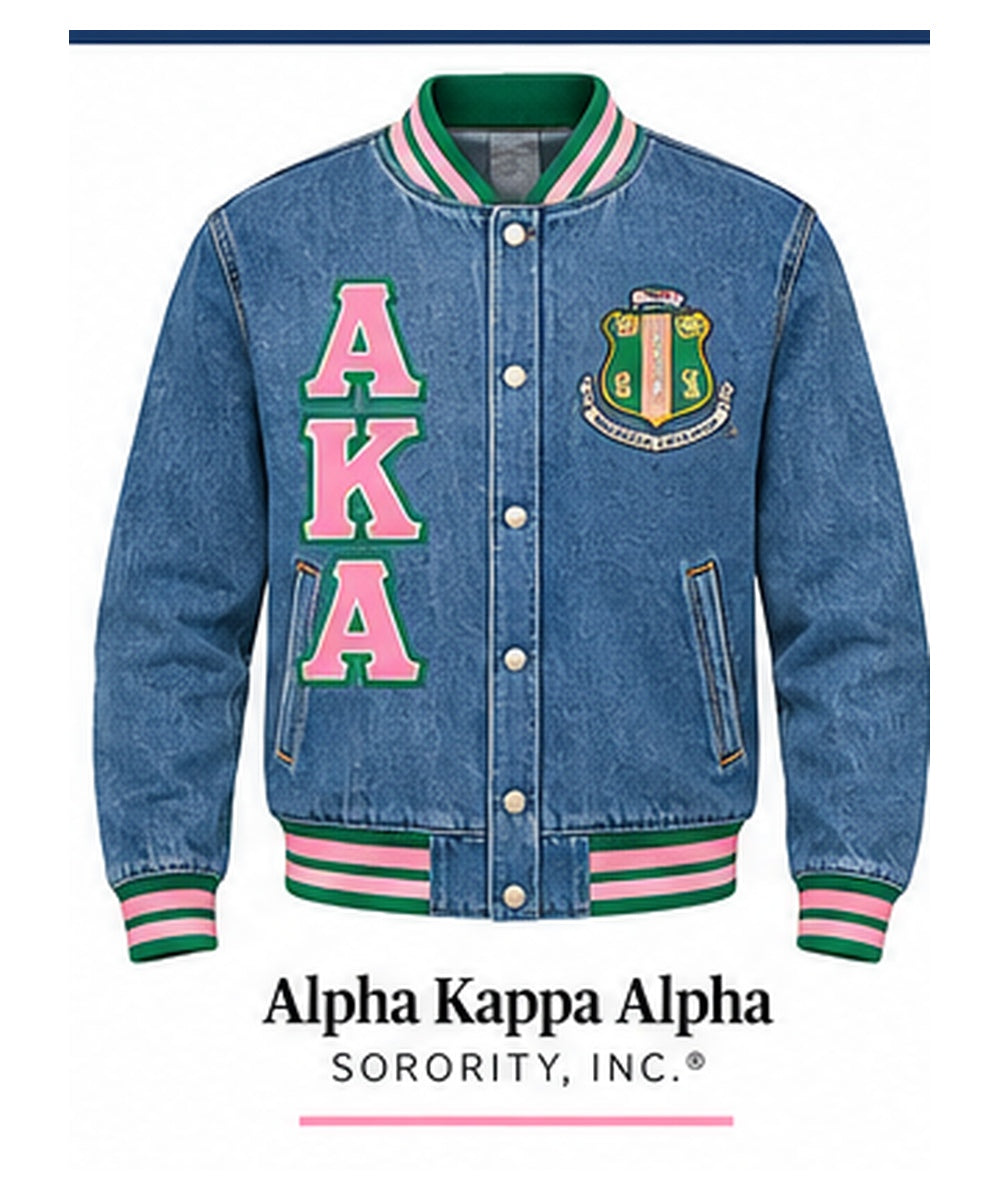 Medium-blue Alpha Kappa Alpha full-denim varsity jacket with denim sleeves, pink and green trim, crest, and stacked AKA letters