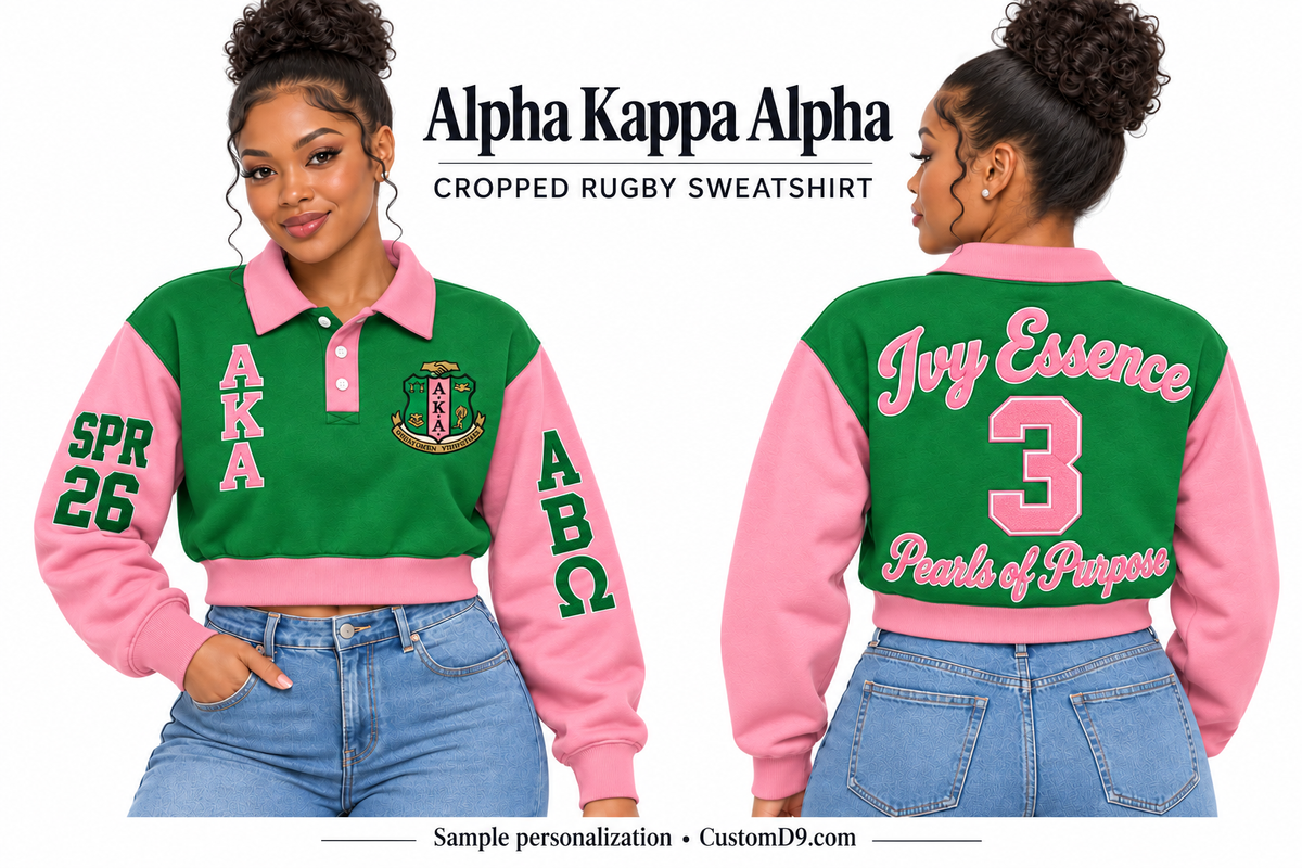 Alpha Kappa Alpha green and pink cropped rugby sweatshirt, front and back model views with sample chest, sleeve, and back embroidery