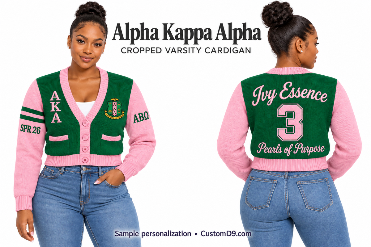 Alpha Kappa Alpha green and pink cropped varsity cardigan, front and back model views with sample chest, sleeve, and back embroidery