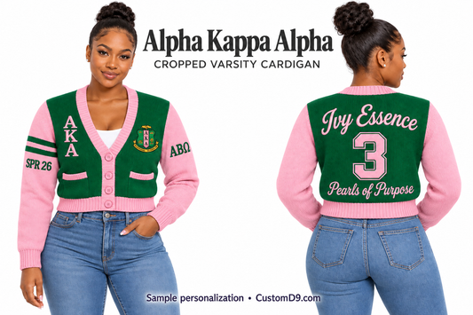 Alpha Kappa Alpha green and pink cropped varsity cardigan, front and back model views with sample chest, sleeve, and back embroidery