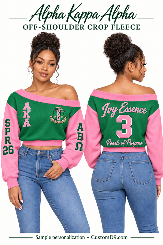 Alpha Kappa Alpha green and pink off-shoulder cropped sweatshirt, front and back model views with sample custom embroidery