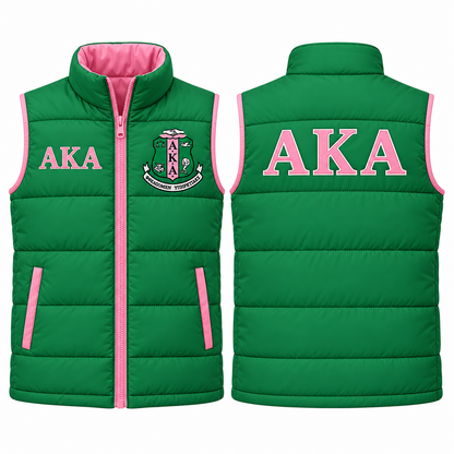 Alpha Kappa Alpha green and pink custom embroidered puffer vest front and back