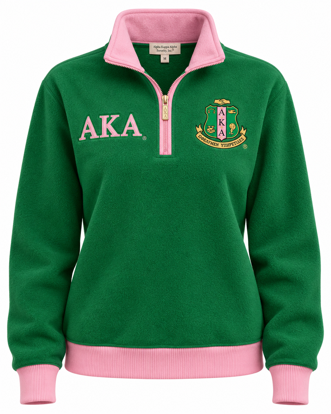 Alpha Kappa Alpha green and pink quarter-zip sweatshirt with AKA letters and crest