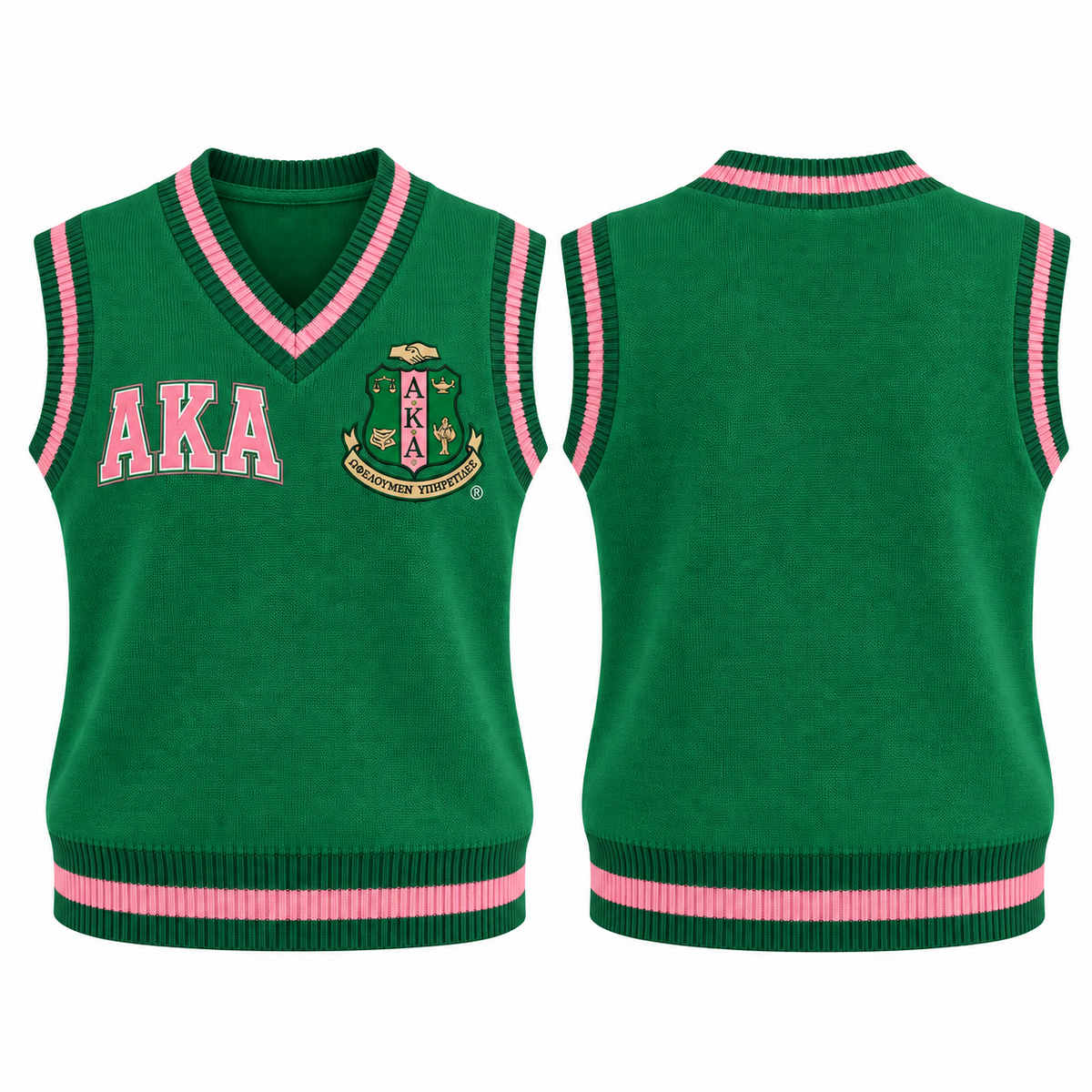 Alpha Kappa Alpha green and pink varsity sweater vest with crest and Greek letters, front and back views