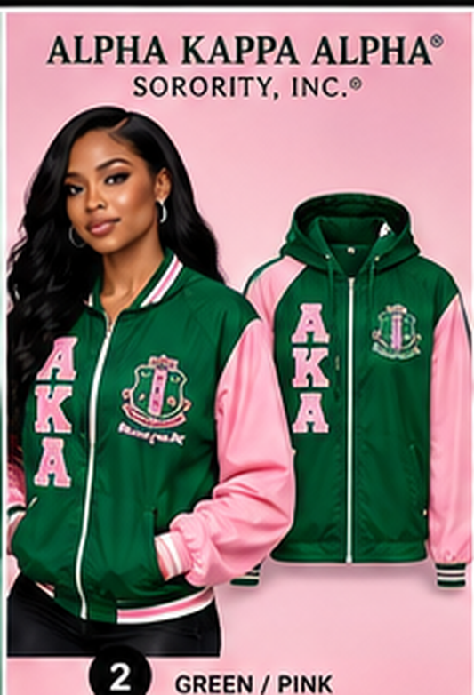 Alpha Kappa Alpha green and pink embroidered windbreaker with AKA letters and crest