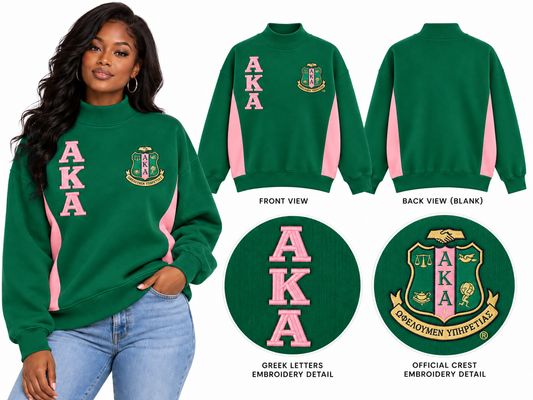 Front and back of green and pink Alpha Kappa Alpha oversized mock-neck sweatshirt with crest and stacked AKA letters