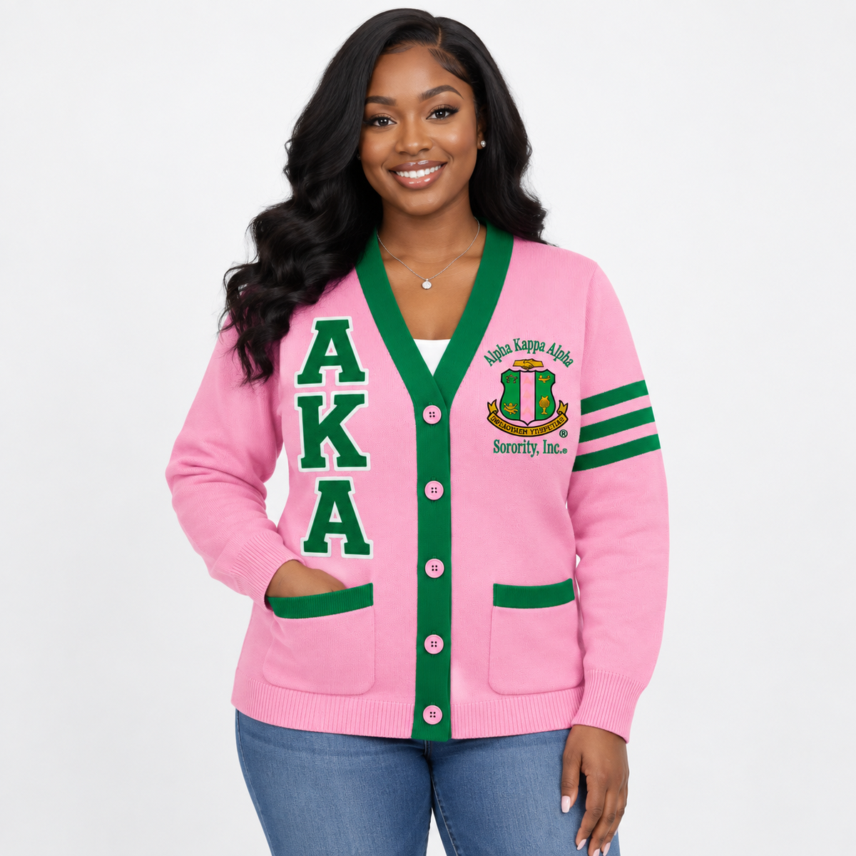 Alpha Kappa Alpha pink and green custom embroidered cardigan on model