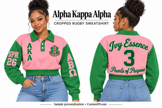 Alpha Kappa Alpha pink and green cropped rugby sweatshirt, front and back model views with sample custom embroidery