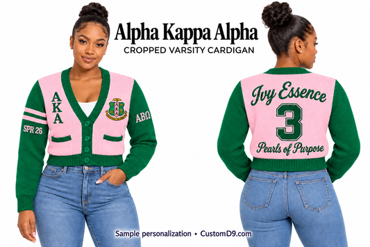 Alpha Kappa Alpha pink and green cropped varsity cardigan, front and back model views with sample chest, sleeve, and back embroidery