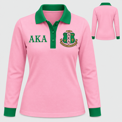 Alpha Kappa Alpha pink long-sleeve polo with green collar, placket, and cuffs, front and back views
