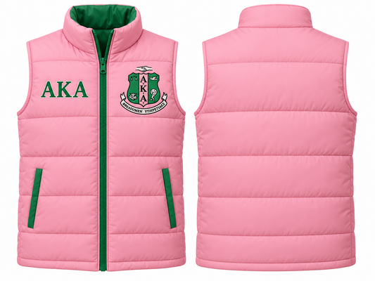 Alpha Kappa Alpha pink and green custom embroidered puffer vest front and back