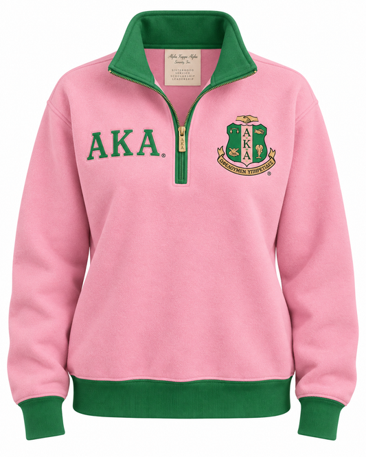 Alpha Kappa Alpha pink and green quarter-zip sweatshirt with AKA letters and crest