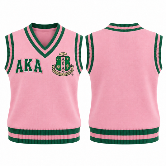 Alpha Kappa Alpha pink and green varsity sweater vest with crest and Greek letters, front and back views