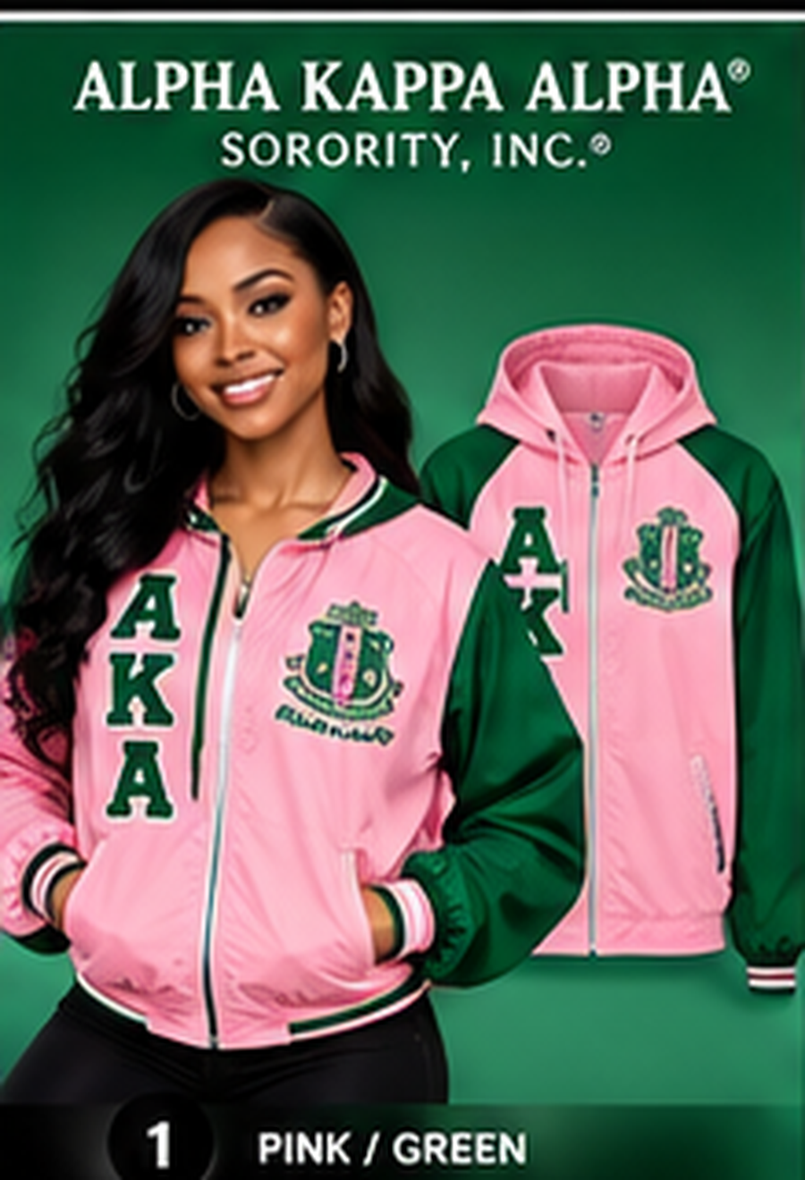 Alpha Kappa Alpha pink and green embroidered windbreaker with AKA letters and crest