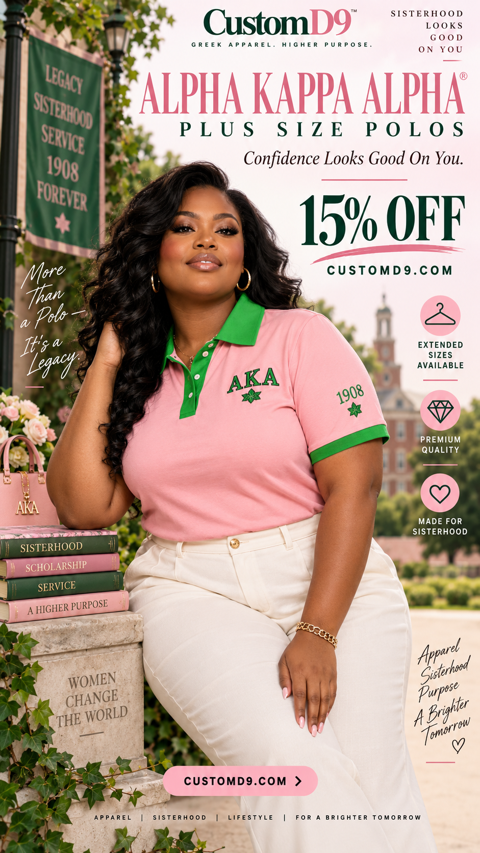 Alpha Kappa Alpha salmon pink and apple green plus-size polo shown on a seated model with a 15% off offer