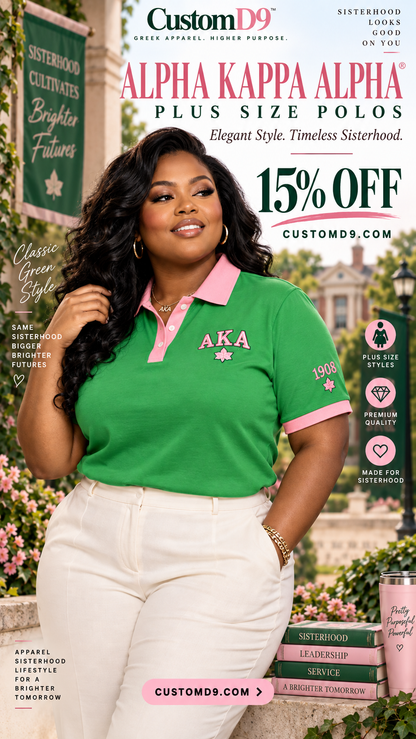 Alpha Kappa Alpha plus-size polo promotion with model in apple green and salmon pink and a 15% off offer