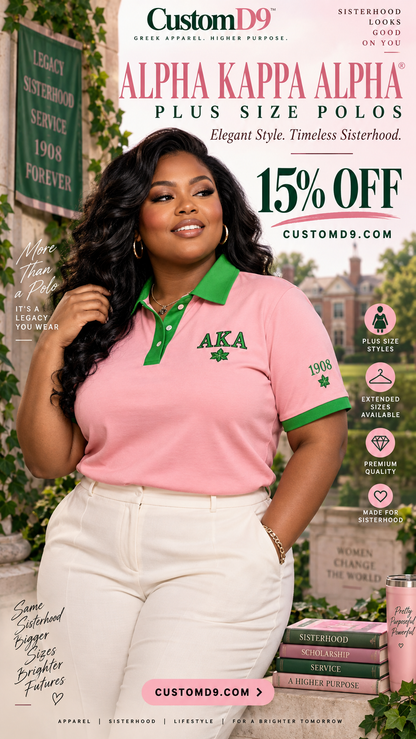 Alpha Kappa Alpha plus-size polo promotion with model in salmon pink and apple green and a 15% off offer
