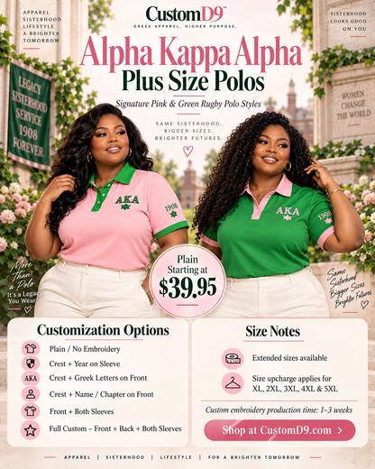 Alpha Kappa Alpha plus-size polo colorways with plain starting price, six customization options, size notes, and production timing