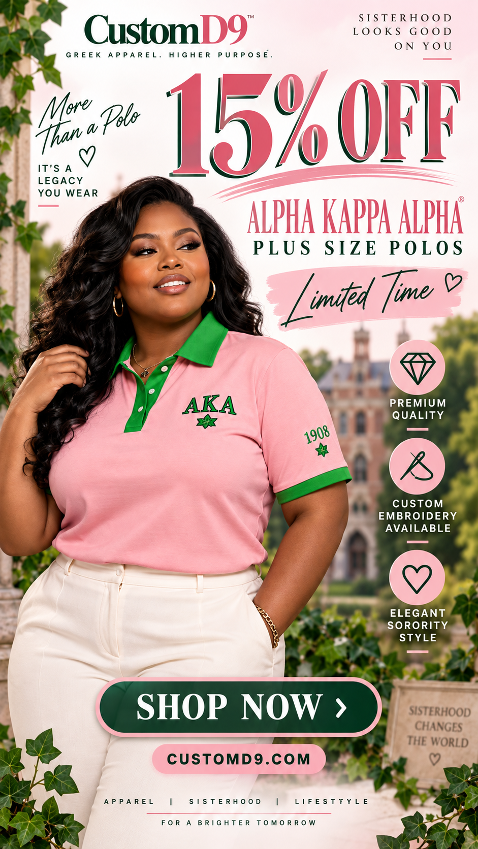 Alpha Kappa Alpha salmon pink and apple green plus-size polo limited-time 15% off promotional image