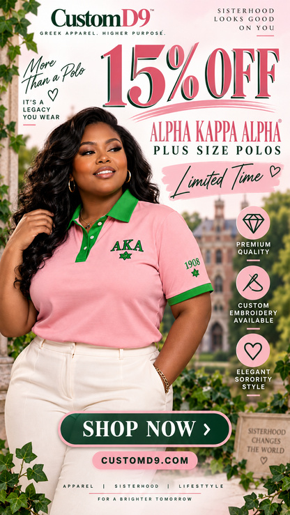 Alpha Kappa Alpha salmon pink and apple green plus-size polo limited-time 15% off promotional image