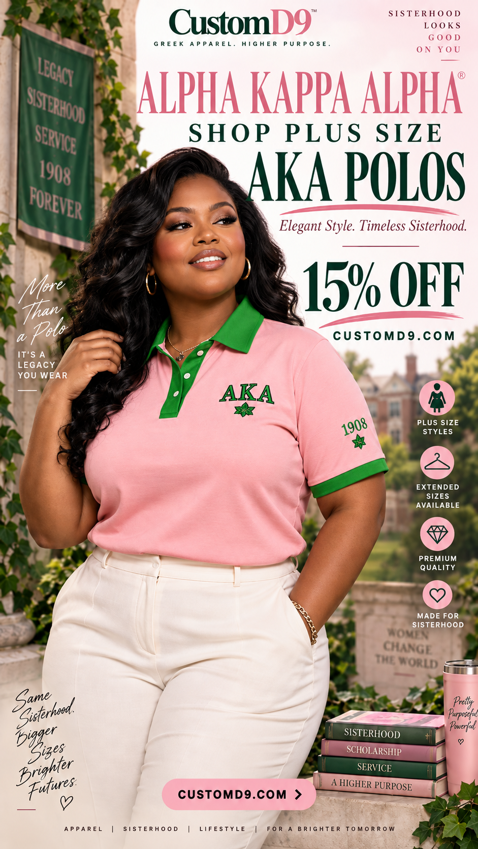 Alpha Kappa Alpha salmon pink and apple green plus-size polo shop-now promotion with a 15% off offer