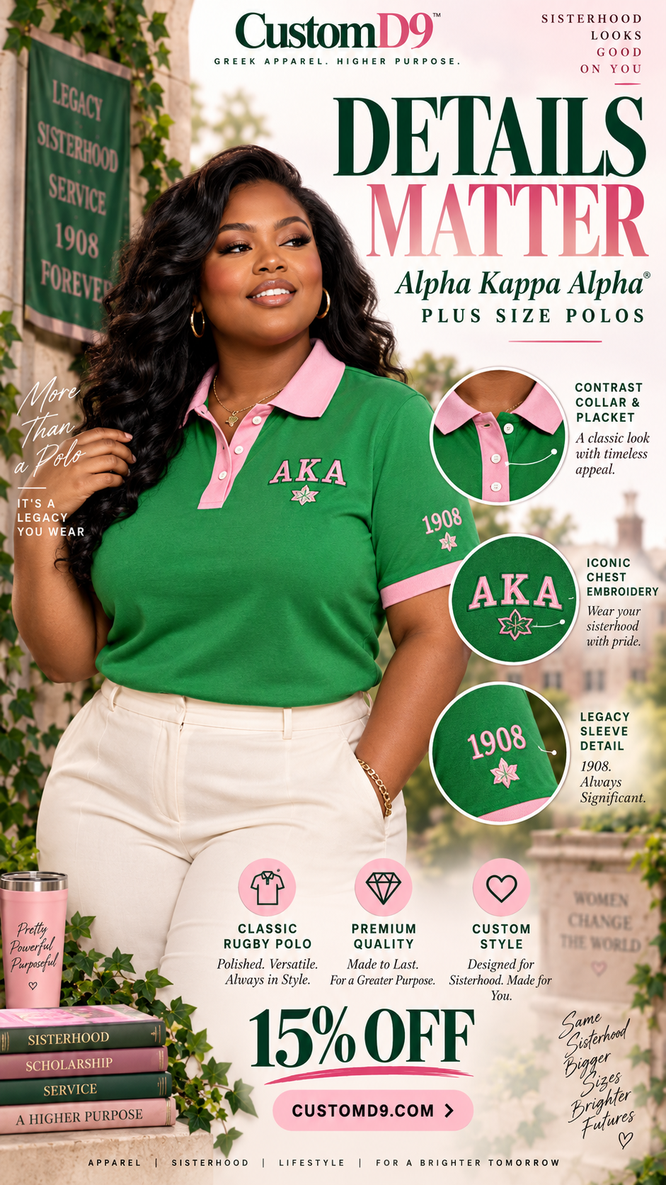 Alpha Kappa Alpha apple green and salmon pink polo detail graphic showing contrast trim, chest embroidery, and 1908 sleeve embroidery