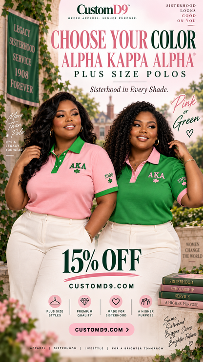 Two models showing Alpha Kappa Alpha salmon pink and apple green plus-size polo colorways with a 15% off offer