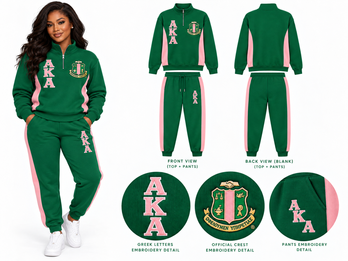 Custom Alpha Kappa Alpha embroidered two-piece track suit in Green and Pink