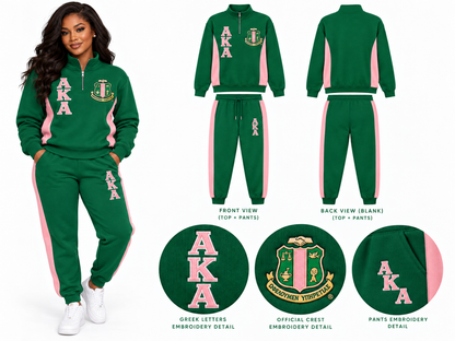 Custom Alpha Kappa Alpha embroidered two-piece track suit in Green and Pink